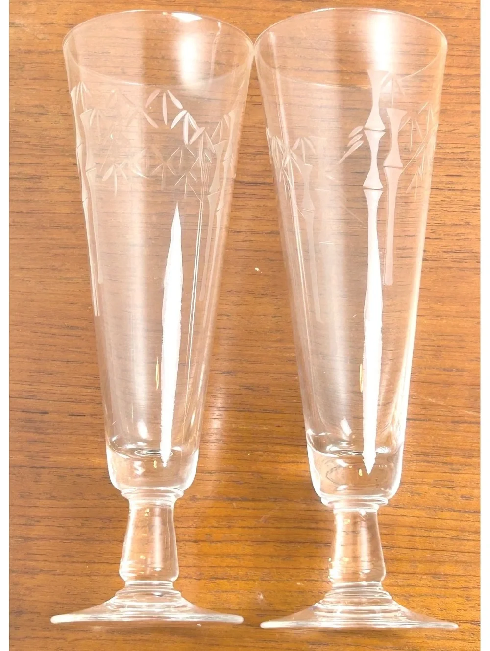 Pair of Vintage Bamboo Etched Glass Champagne Flutes